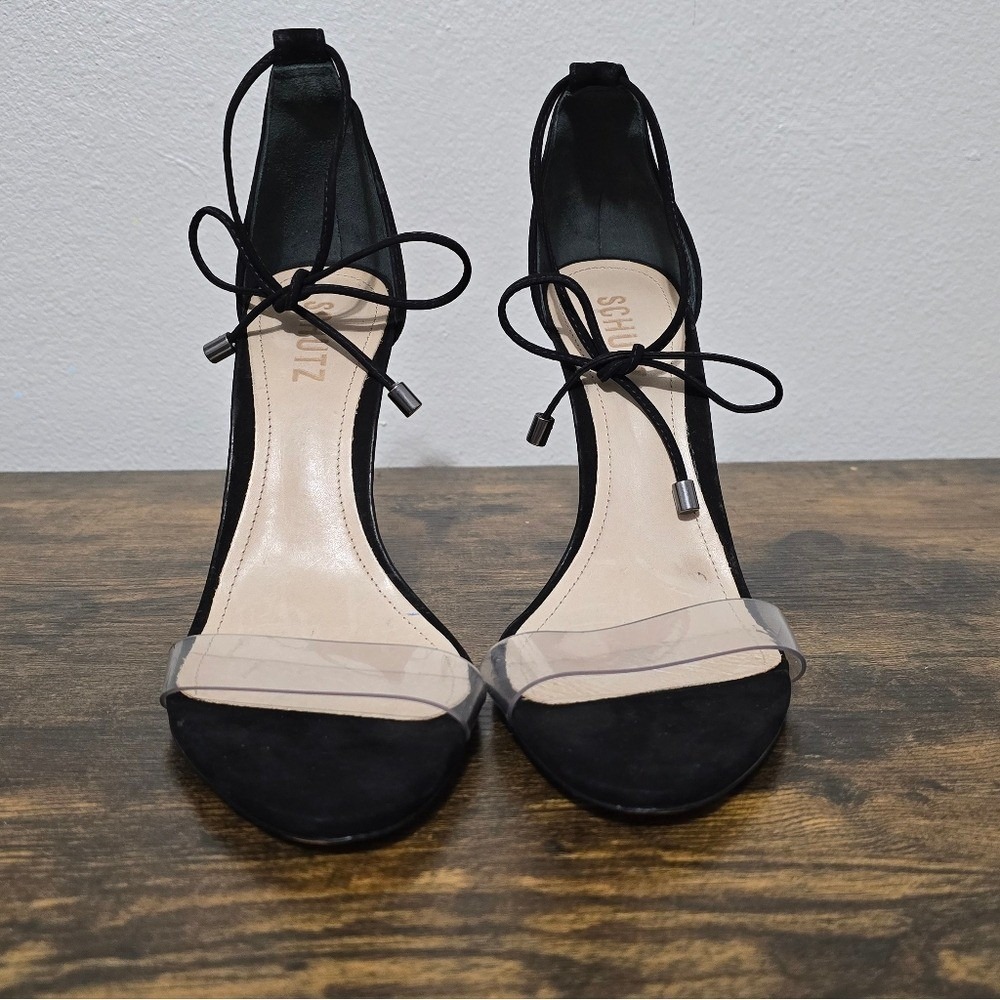 SCHUTZ Josseana Black Nubuck Leather Lace Up Strappy Stiletto Sandal Heels 9 B - Picture 3 of 14
